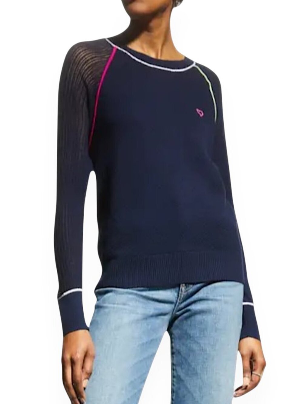 Lisa Todd Navy Pop Neon Trim Quick Kiss Mixed Stitch Heart Sweater NWT New M